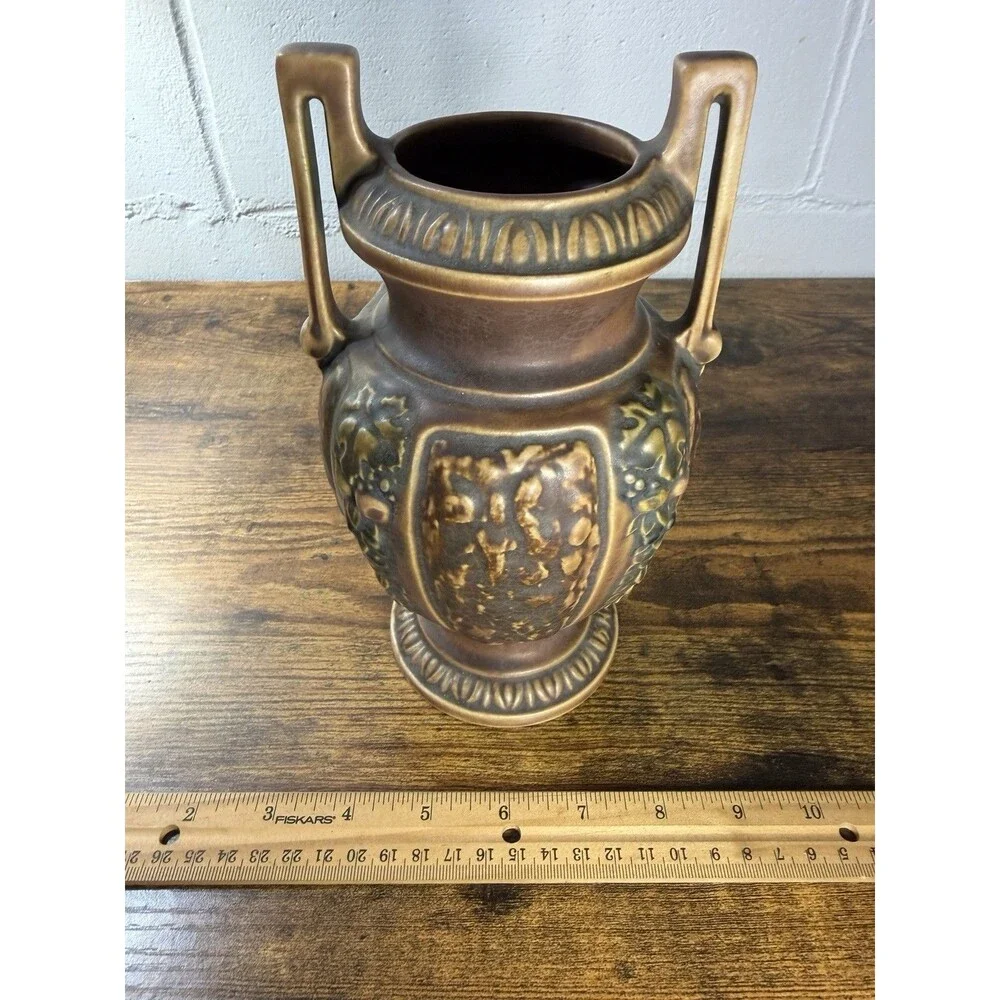 Roseville Pottery Grapevine Amphora Vase Double Handle Brown Art Pottery 8.5”